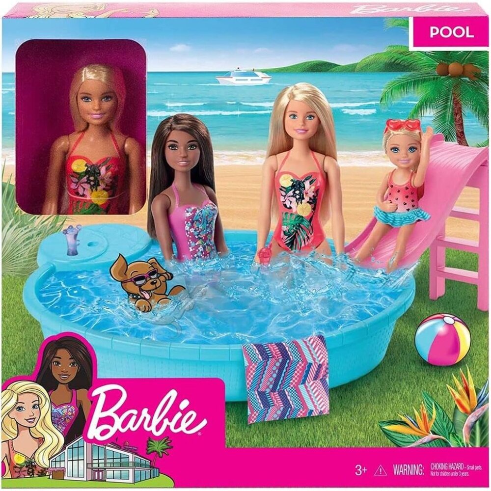 Barbie Doll & Pool Playset, with Pool, Slide, Towel & Drink Accessories